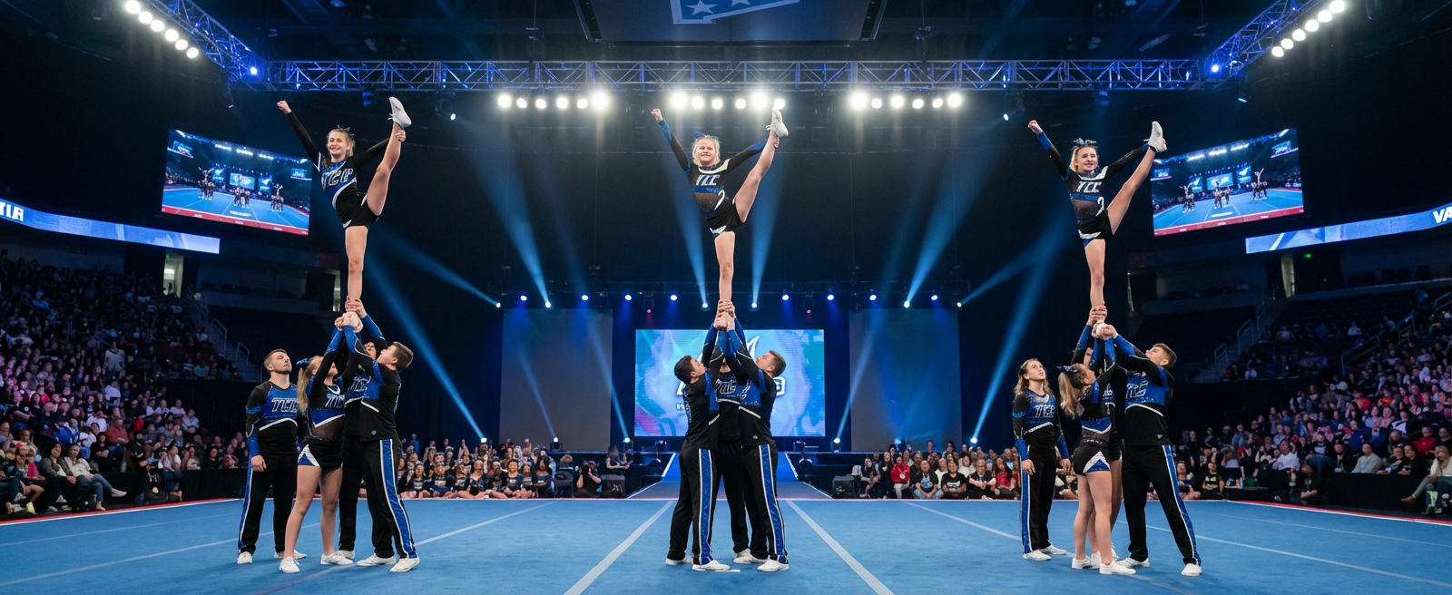 Cheerleaders performing stunts on a blue mat with spectators and judges in the background.