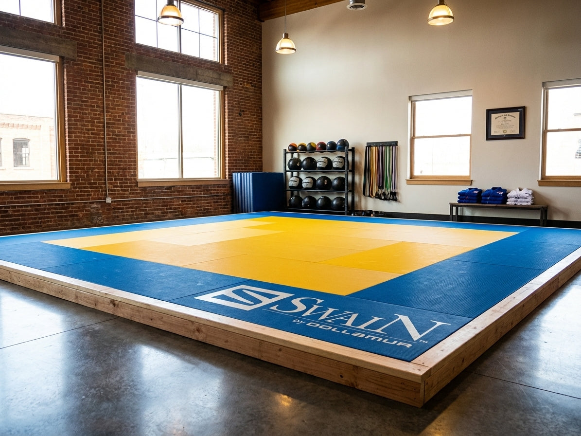 Swain Mats by dollamur in a well lit gym setting on top of spring floors by Dollamur