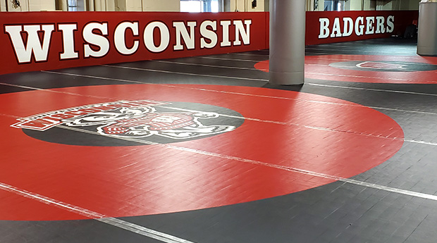 Custom FLEXI-Roll wrestling mats custom made for the Wisconsin Badgers wrestling practice room
